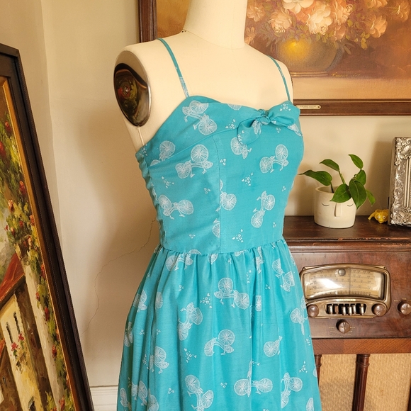Retro Blue bicycle print cotton summer dress size 2 - Picture 5 of 8